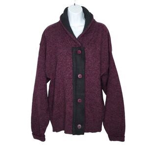 Eddie Bauer Wool Blend Cardigan Sweater L Purple Black Fleece Shawl Collar Vtg
